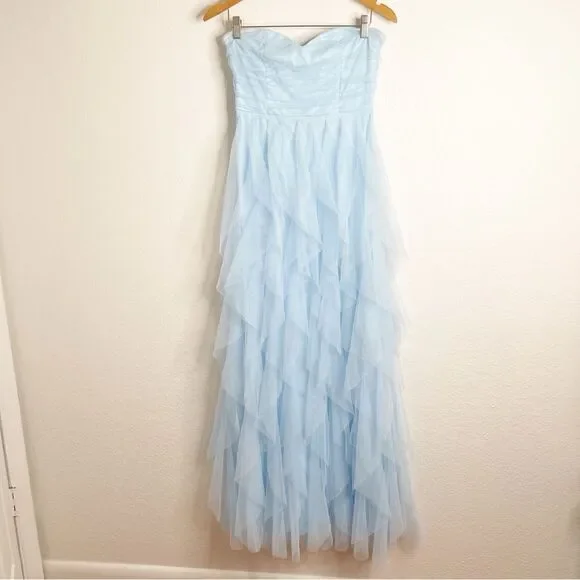 Lulus Delightful Beauty Blue Mesh Strapless Ruched Ruffled Maxi Dress Medium